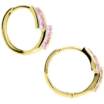 14kt Yellow Gold Pink CZ Square Huggy Earrings