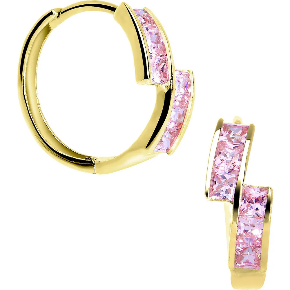14kt Yellow Gold Pink CZ Square Huggy Earrings