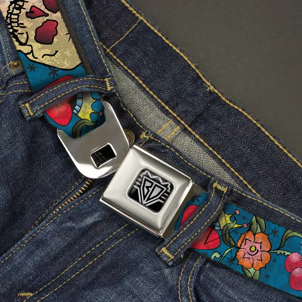 BD Wings Logo CLOSE-UP Full Color Black Silver Seatbelt Belt - Only God Can Judge Me CLOSE-UP Blue Webbing