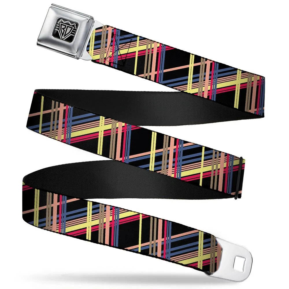 BD Wings Logo CLOSE-UP Full Color Black Silver Seatbelt Belt - Plaid Black/Yellow/Red/Blue/Orange Webbing