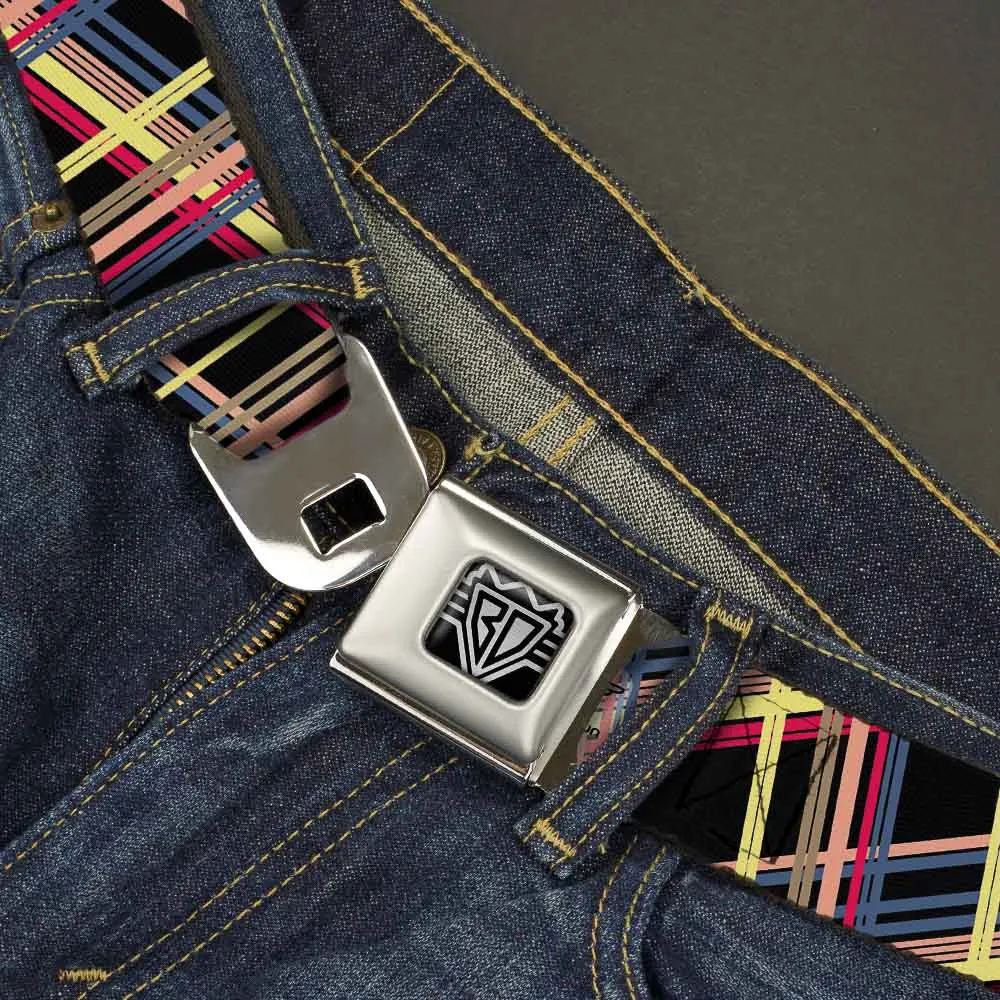 BD Wings Logo CLOSE-UP Full Color Black Silver Seatbelt Belt - Plaid Black/Yellow/Red/Blue/Orange Webbing