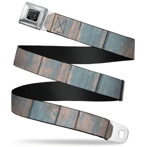 BD Wings Logo CLOSE-UP Full Color Black Silver Seatbelt Belt - Rustic Reclaimed Wood Panels Webbing