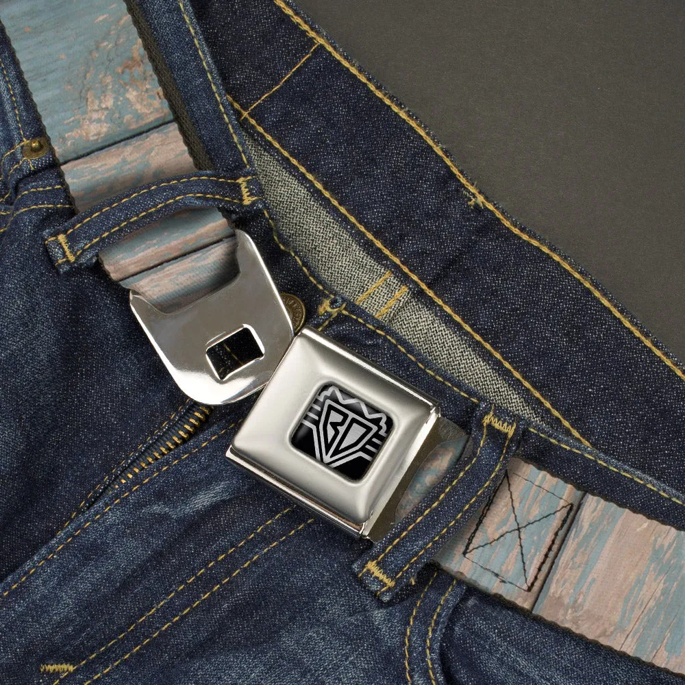 BD Wings Logo CLOSE-UP Full Color Black Silver Seatbelt Belt - Rustic Reclaimed Wood Panels Webbing