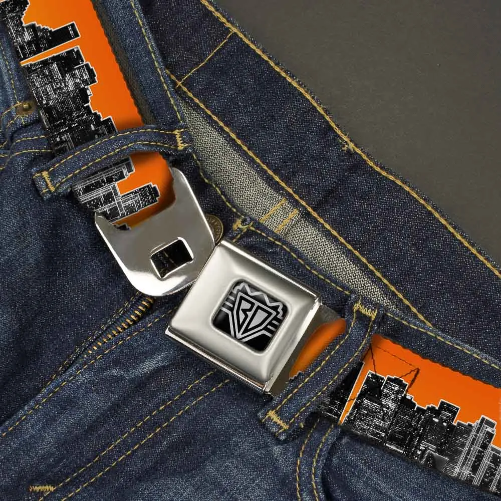 BD Wings Logo CLOSE-UP Full Color Black Silver Seatbelt Belt - San Francisco Vivid Skyline Orange Fade/Black Webbing