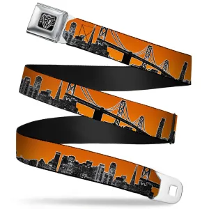BD Wings Logo CLOSE-UP Full Color Black Silver Seatbelt Belt - San Francisco Vivid Skyline Orange Fade/Black Webbing