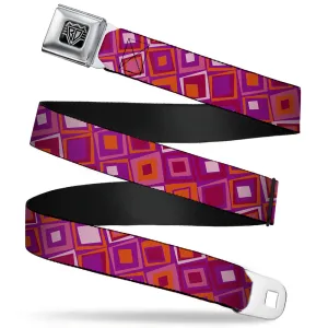 BD Wings Logo CLOSE-UP Full Color Black Silver Seatbelt Belt - Skewed Squares Stacked Purple/Orange/Pinks Webbing