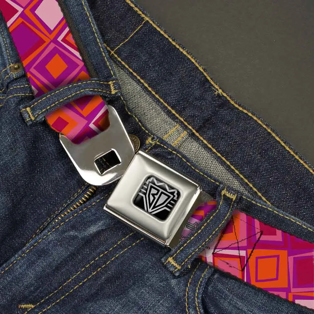 BD Wings Logo CLOSE-UP Full Color Black Silver Seatbelt Belt - Skewed Squares Stacked Purple/Orange/Pinks Webbing