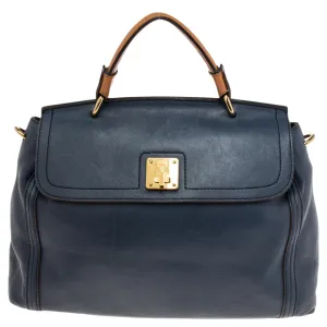 Blue Leather Turn Lock Flap Top Handle Bag
