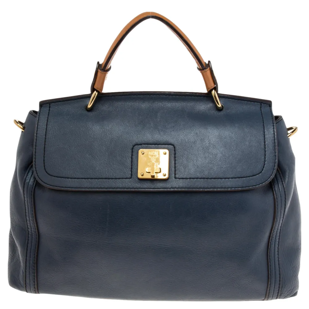 Blue Leather Turn Lock Flap Top Handle Bag
