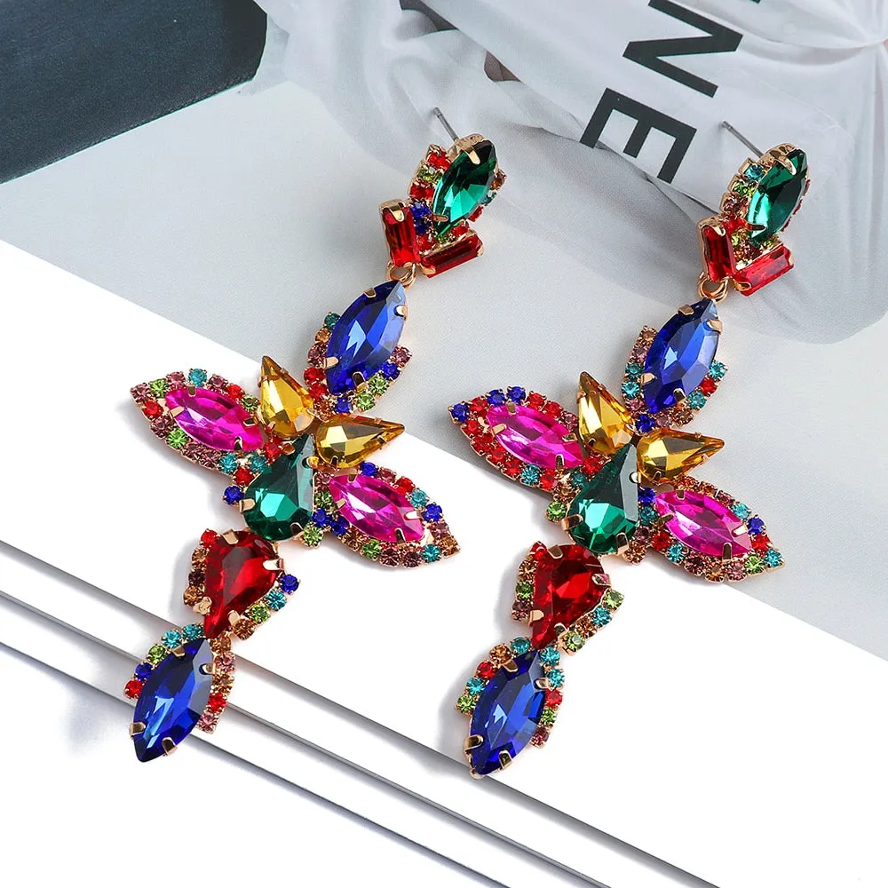 Boho Vintage Luxury Ear Accessories Cross Geometric Sparkly Crystal Big Dangle Earrings For Women