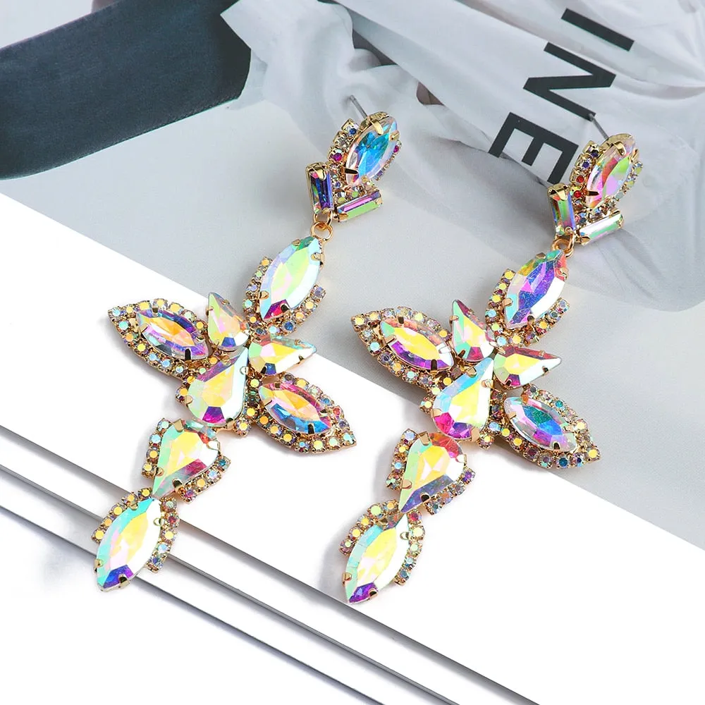 Boho Vintage Luxury Ear Accessories Cross Geometric Sparkly Crystal Big Dangle Earrings For Women