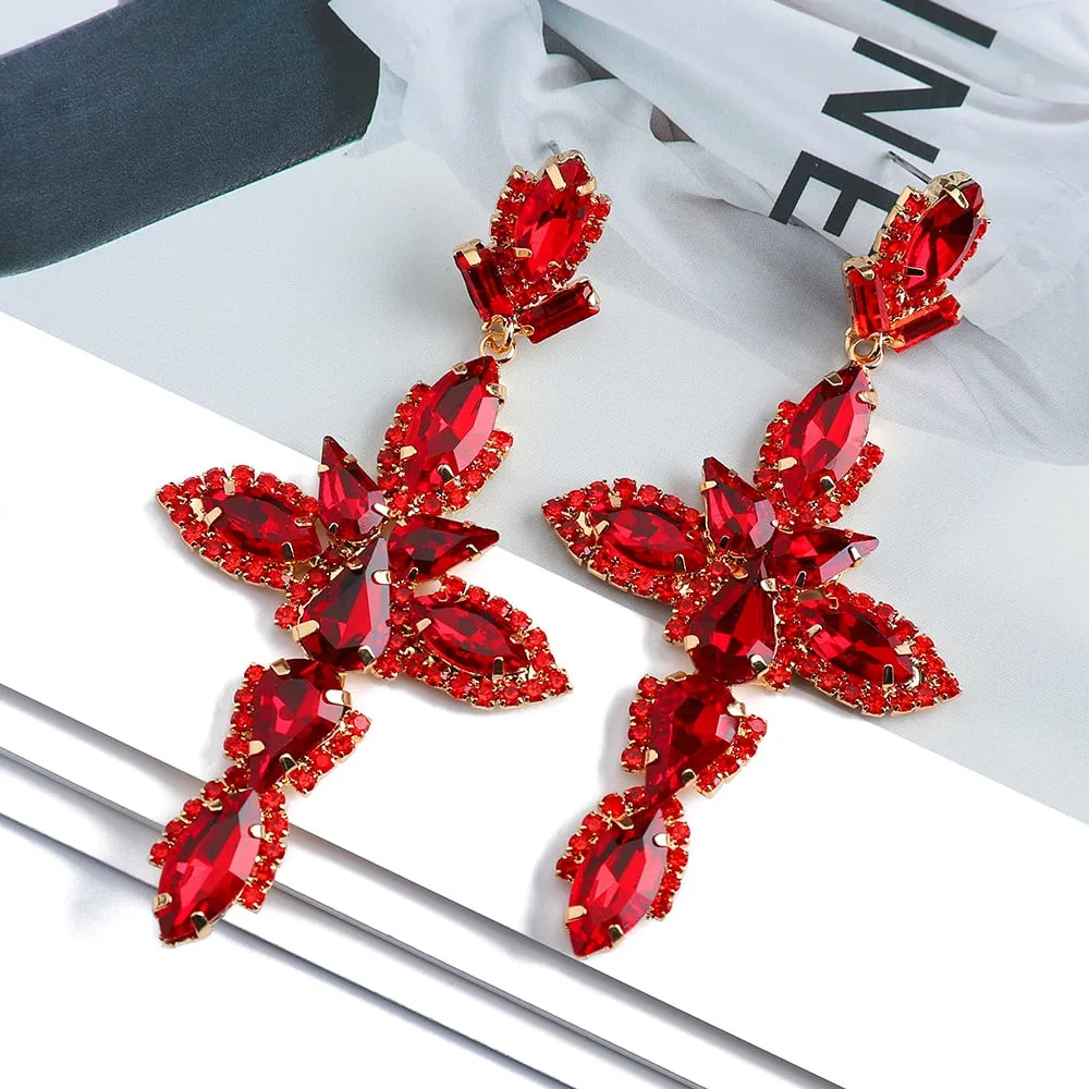 Boho Vintage Luxury Ear Accessories Cross Geometric Sparkly Crystal Big Dangle Earrings For Women