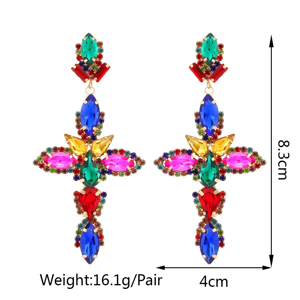 Boho Vintage Luxury Ear Accessories Cross Geometric Sparkly Crystal Big Dangle Earrings For Women