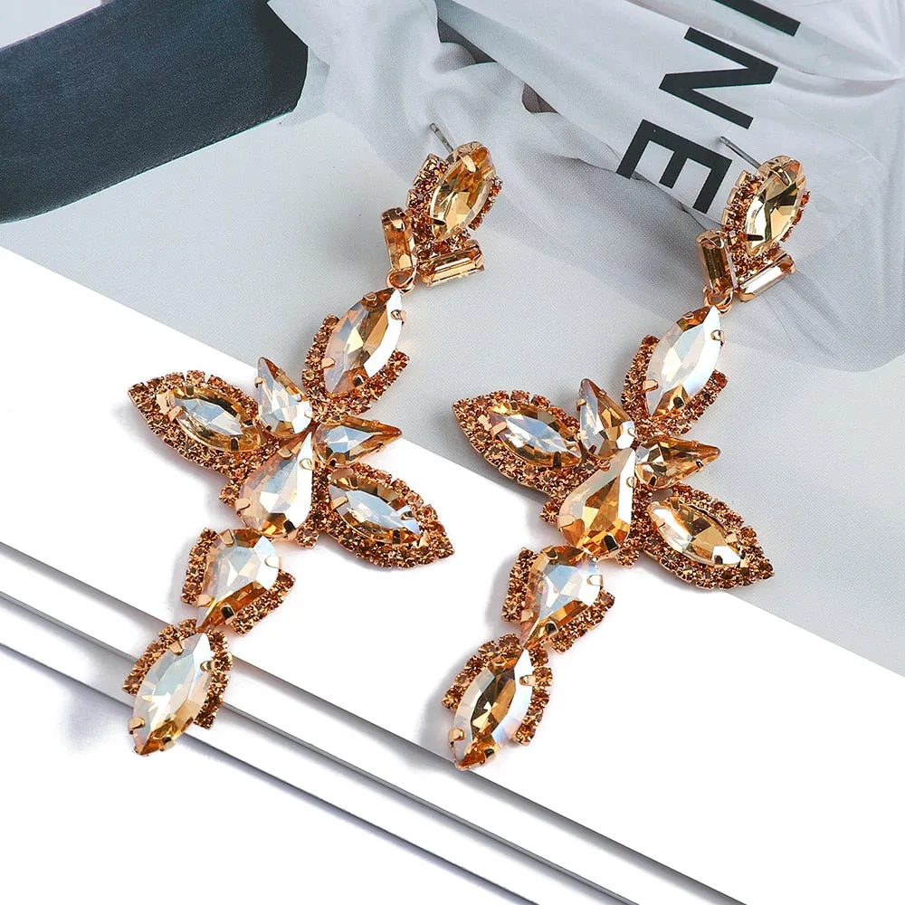 Boho Vintage Luxury Ear Accessories Cross Geometric Sparkly Crystal Big Dangle Earrings For Women
