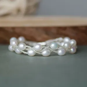 Double Rows Handbeaded Rice Freshwater Pearls Wedding Bracelet, Bridal, Bridesmaids