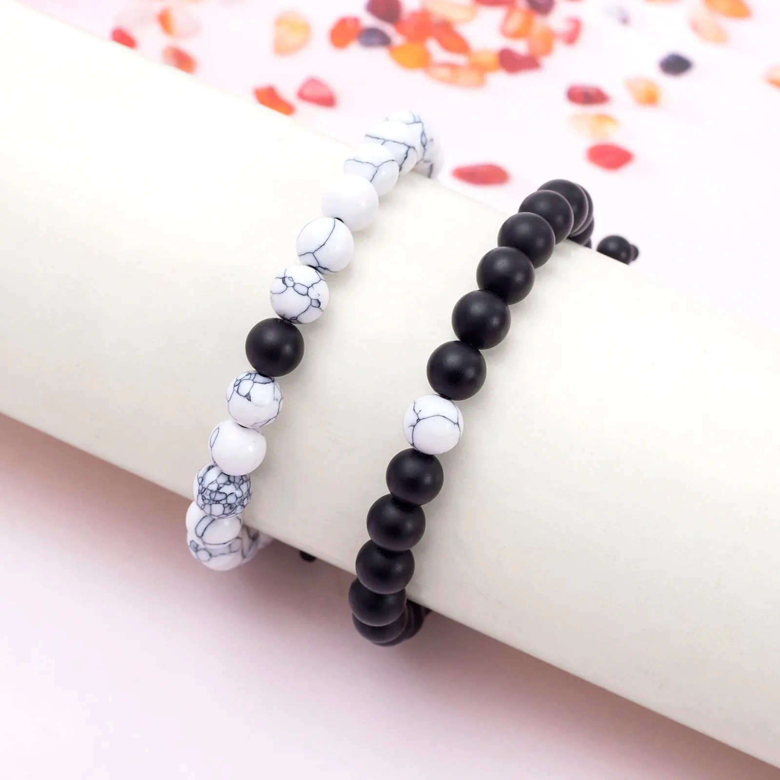 FTCY 2pcs/Set Couples Natural Stone Bracelets Black Pink Matching Lava Tiger Eye Beaded Yoga Jewelry for Men Women