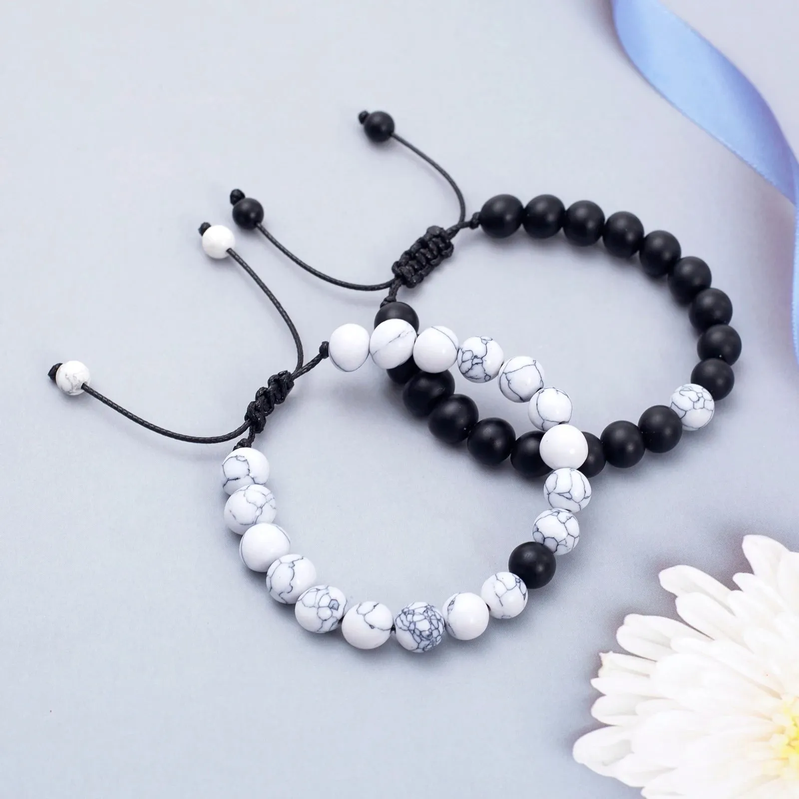 FTCY 2pcs/Set Couples Natural Stone Bracelets Black Pink Matching Lava Tiger Eye Beaded Yoga Jewelry for Men Women