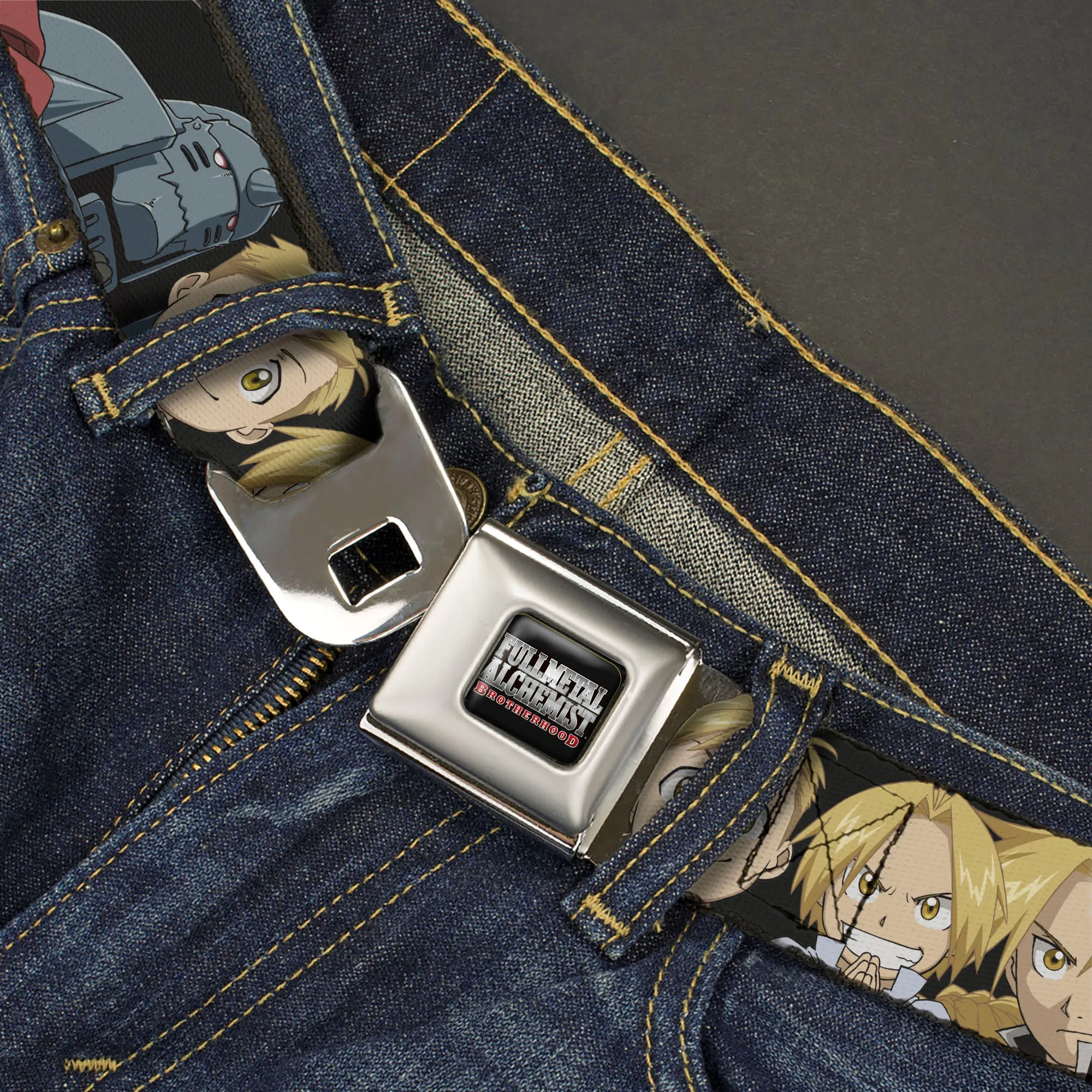 FULLMETAL ALCHEMIST BROTHERHOOD Title Logo Full Color Black Seatbelt Belt - Fullmetal Alchemist Brotherhood Elric Brothers Face Close-Up Webbing