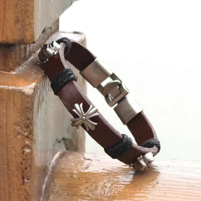 Hot Summer Style Bracelet Men Vintage Handmade Genuine Leather Wrap Charm Cross Bracelets Bangles Mens Bracelets pulseras