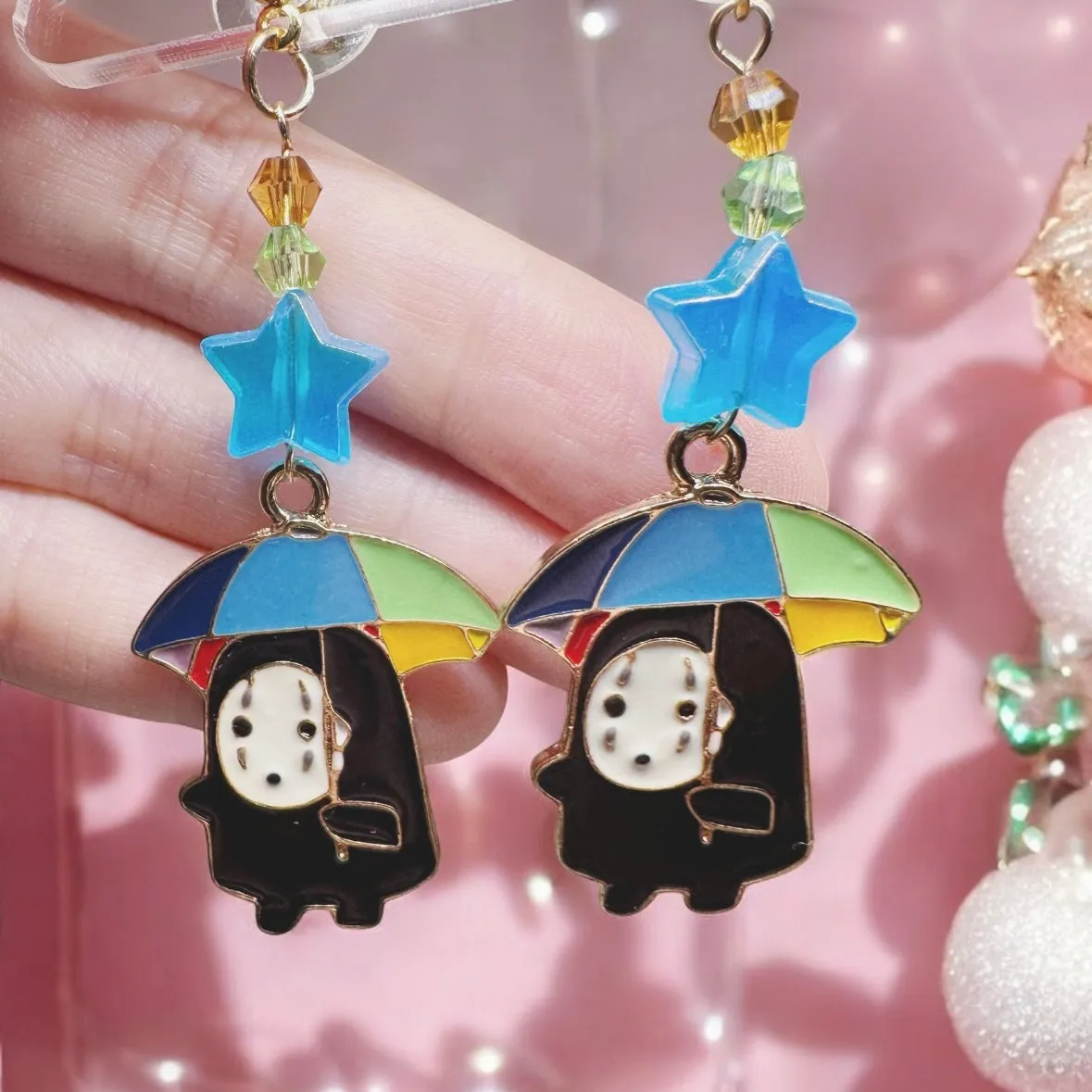 Kawaii - No face man earrings carry umbrella | japanese anime dangle earrings | oriental decor drop earrings| cute kawaii | howl’s earrings