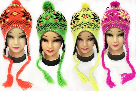 kids winter pompom hats w/ear flaps Case of 24