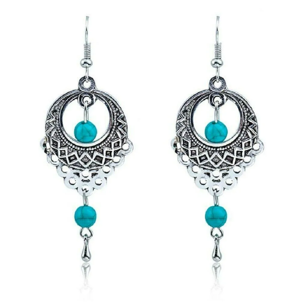 Ladies Boho Ethnic Tibetan Sterling Silver Turquoise Beads Long Hook Earrings