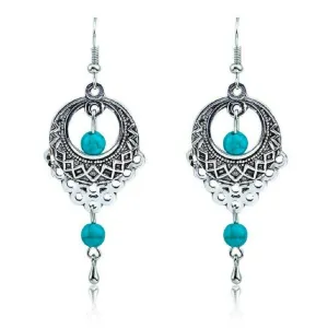 Ladies Boho Ethnic Tibetan Sterling Silver Turquoise Beads Long Hook Earrings