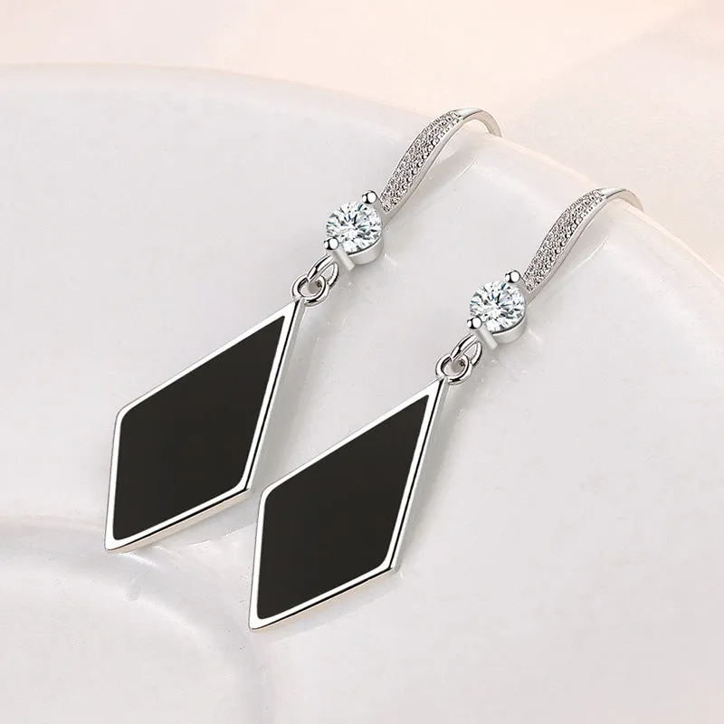 Ladies Sterling Silver Black Enamel Triangle Real Crystal Hook Dangle Earrings