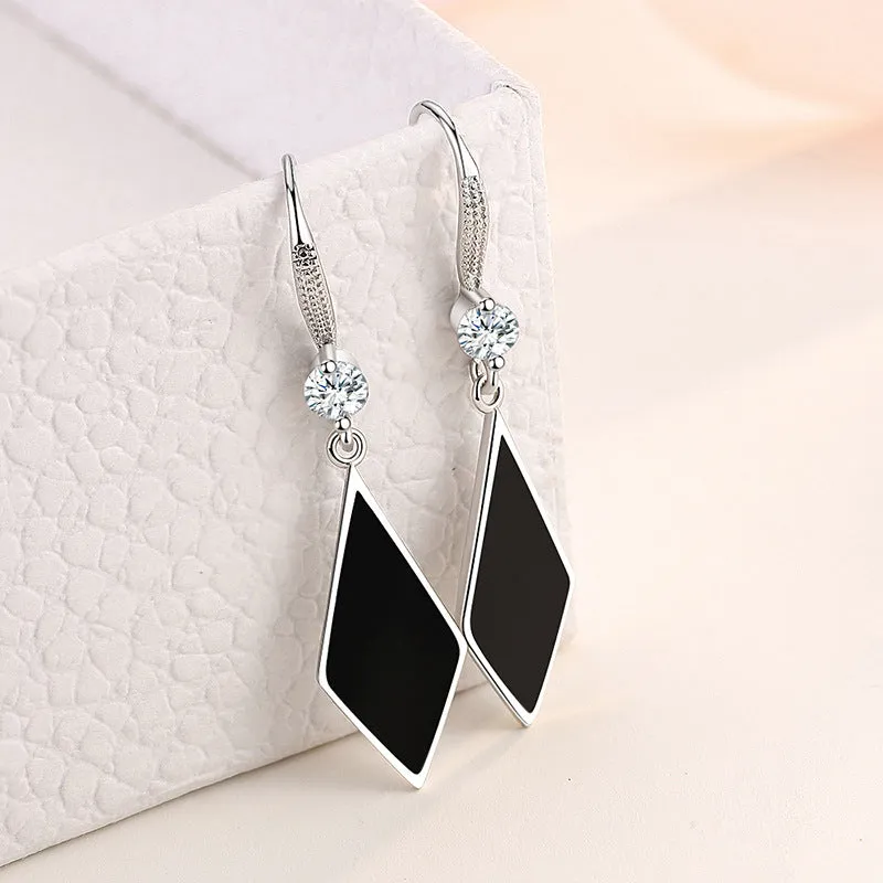 Ladies Sterling Silver Black Enamel Triangle Real Crystal Hook Dangle Earrings