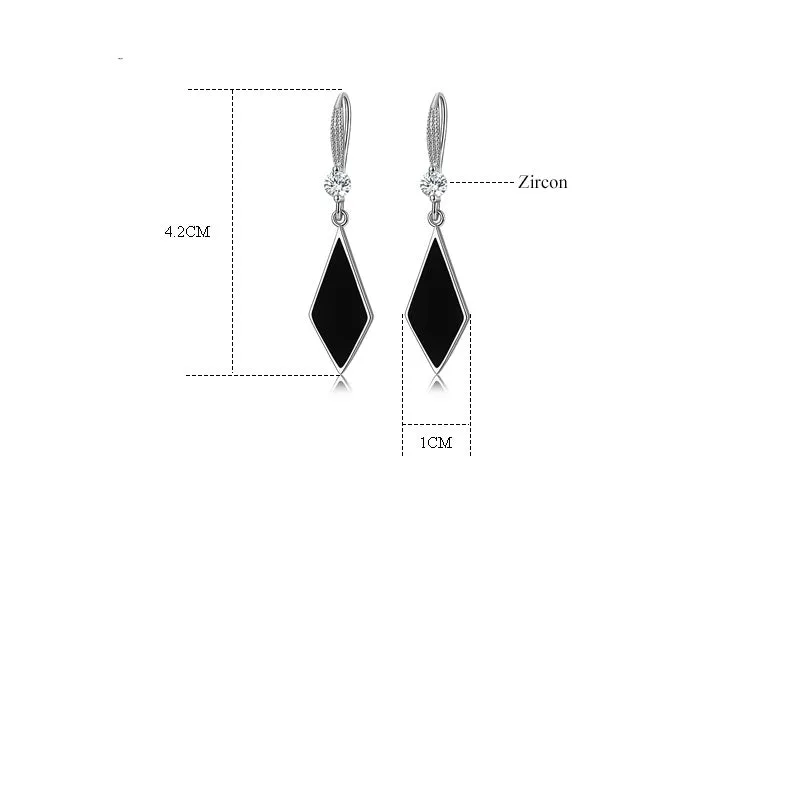 Ladies Sterling Silver Black Enamel Triangle Real Crystal Hook Dangle Earrings