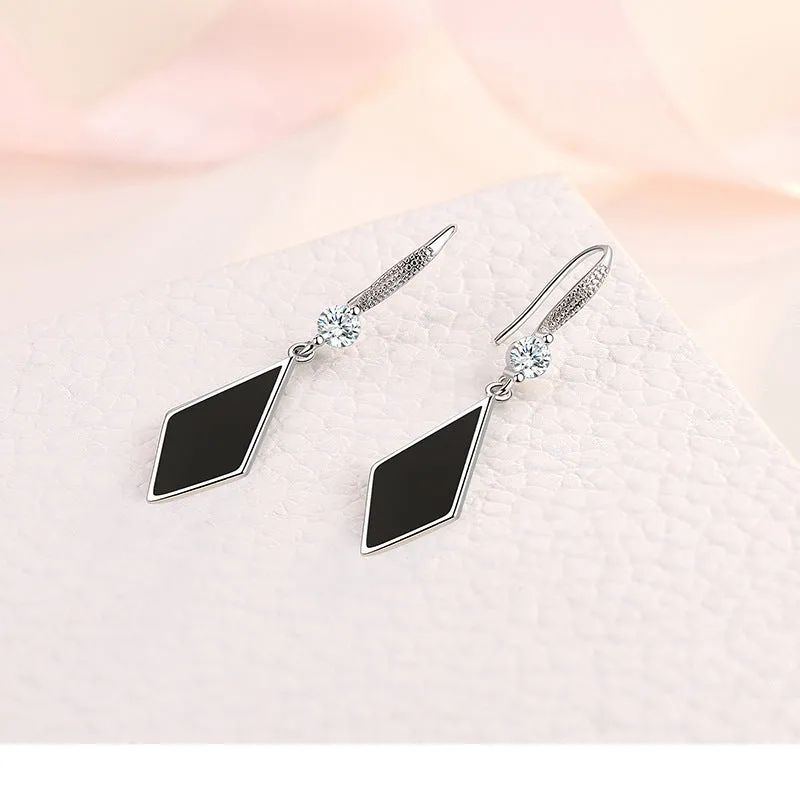 Ladies Sterling Silver Black Enamel Triangle Real Crystal Hook Dangle Earrings