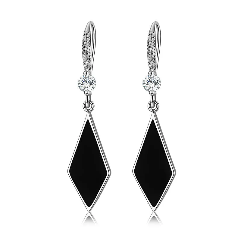 Ladies Sterling Silver Black Enamel Triangle Real Crystal Hook Dangle Earrings
