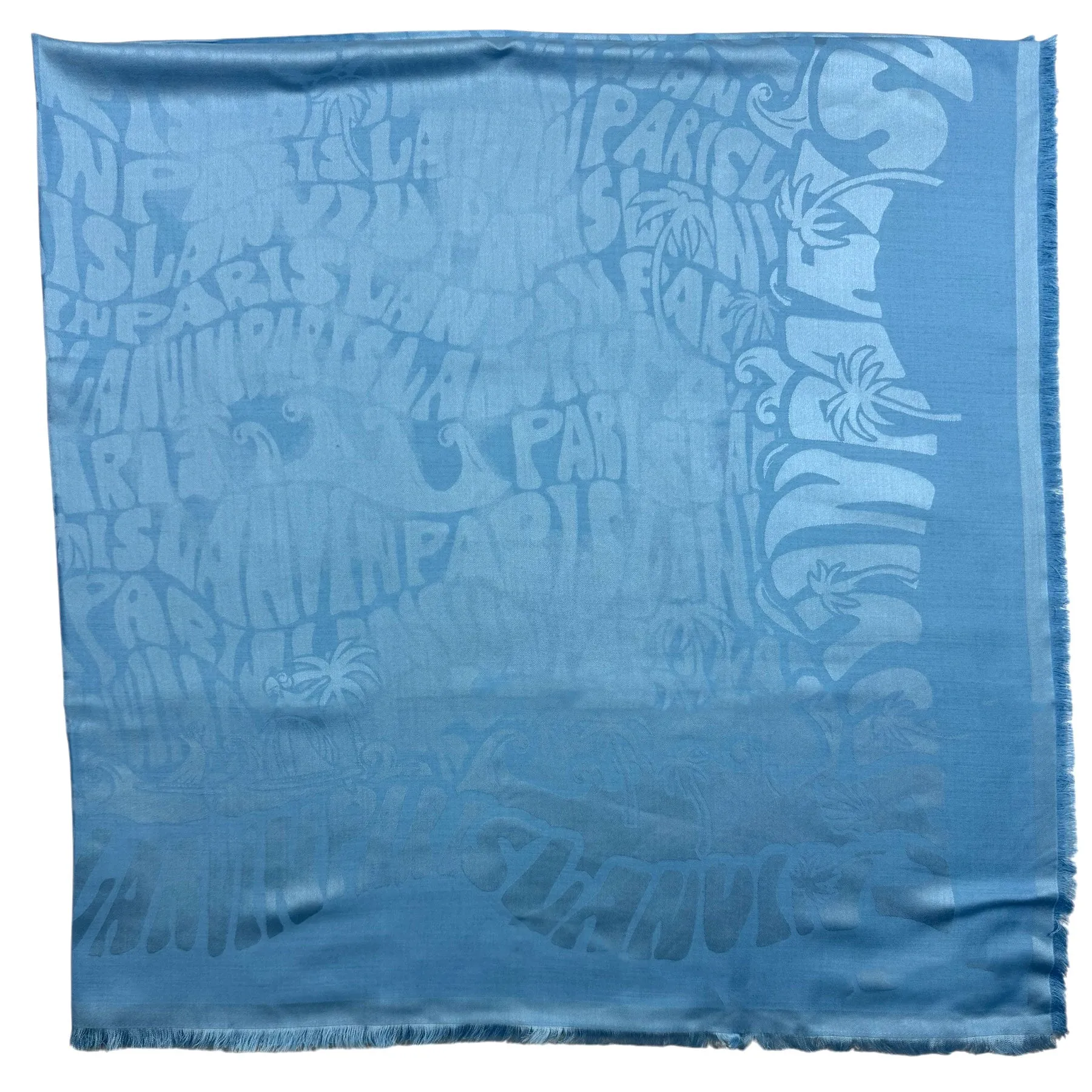 Lanvin Scarf Blue Island & Logo Design - Extra Large Square Wool Silk Wrap
