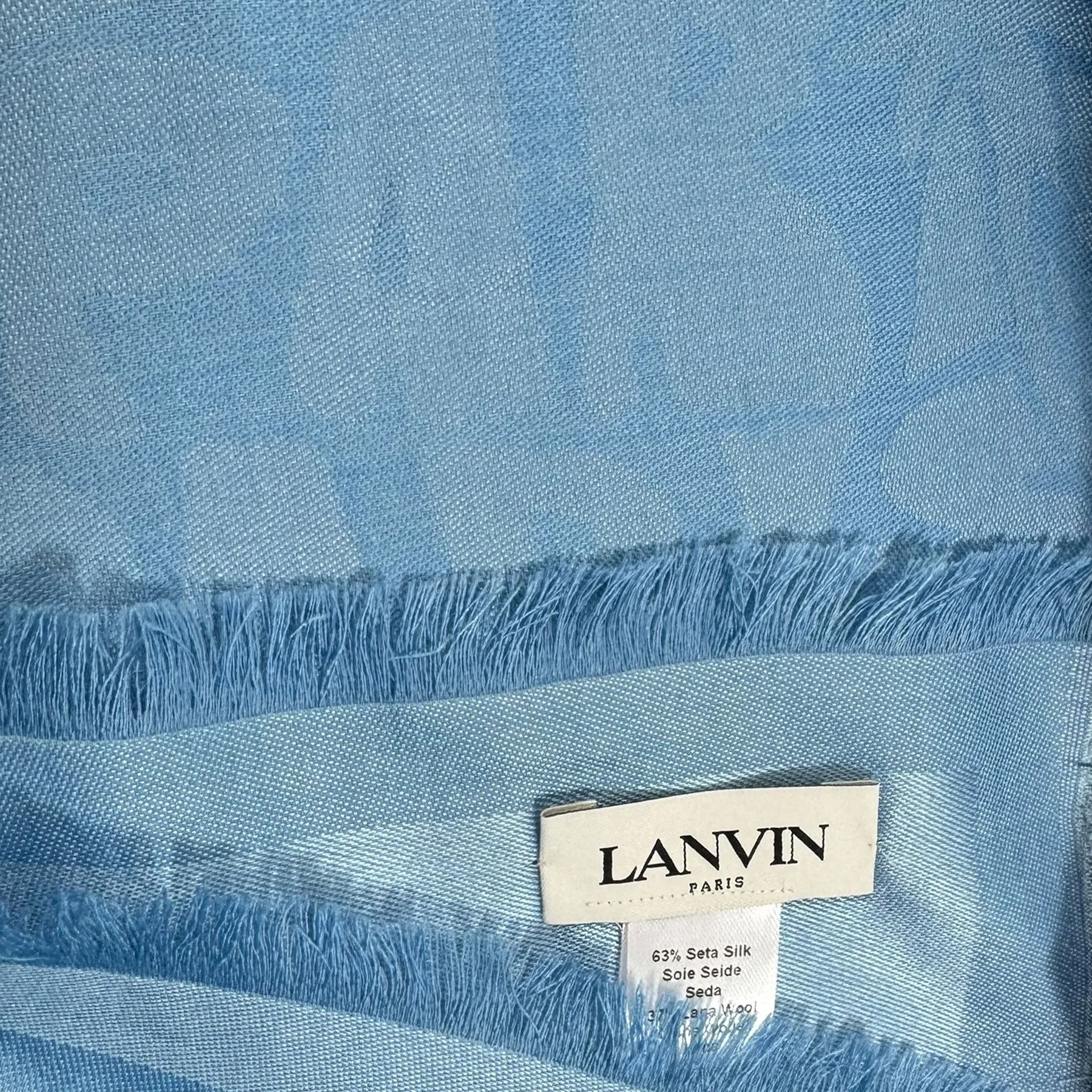 Lanvin Scarf Blue Island & Logo Design - Extra Large Square Wool Silk Wrap