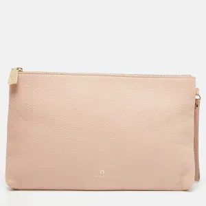 Light Pink Leather Zip Flat Pouch
