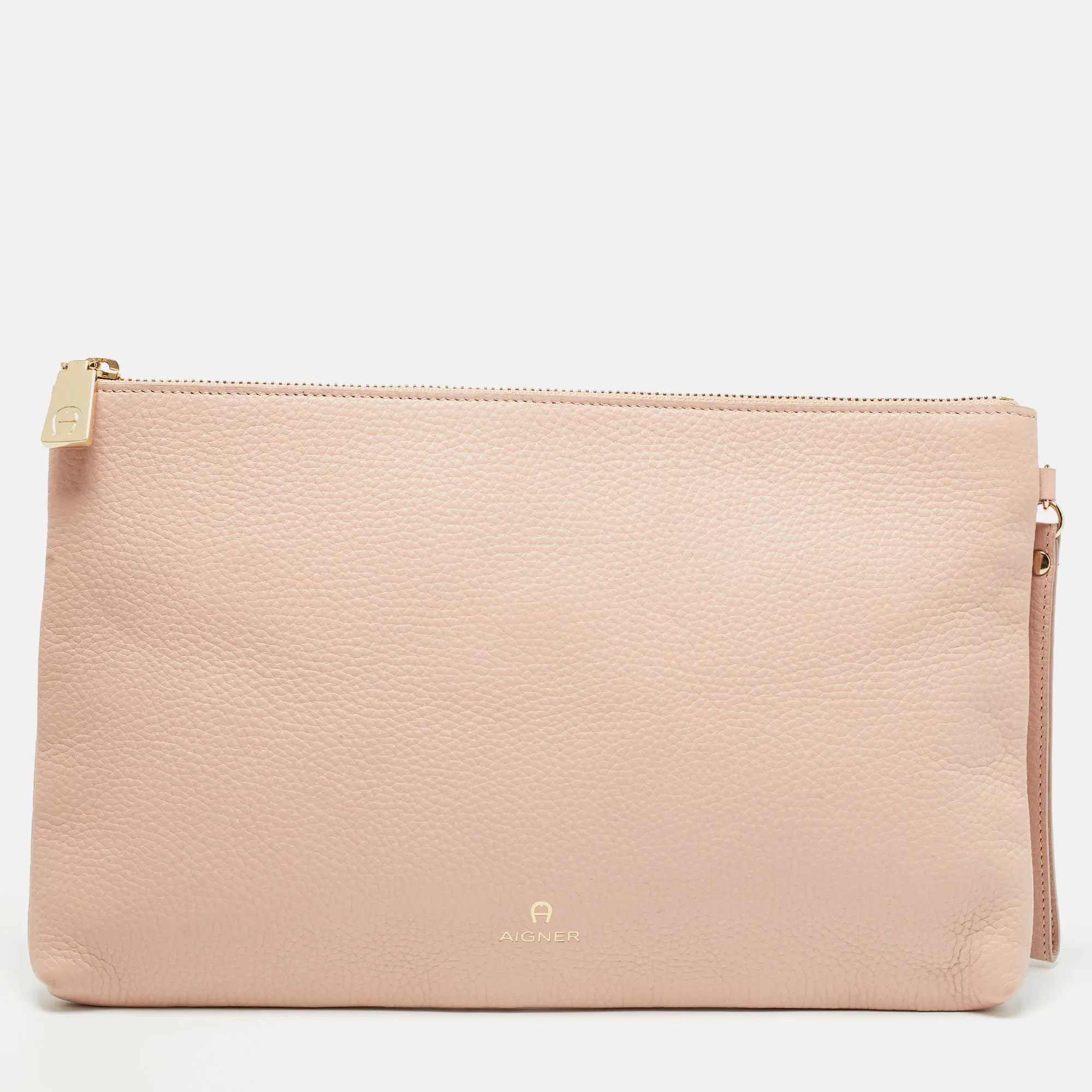 Light Pink Leather Zip Flat Pouch