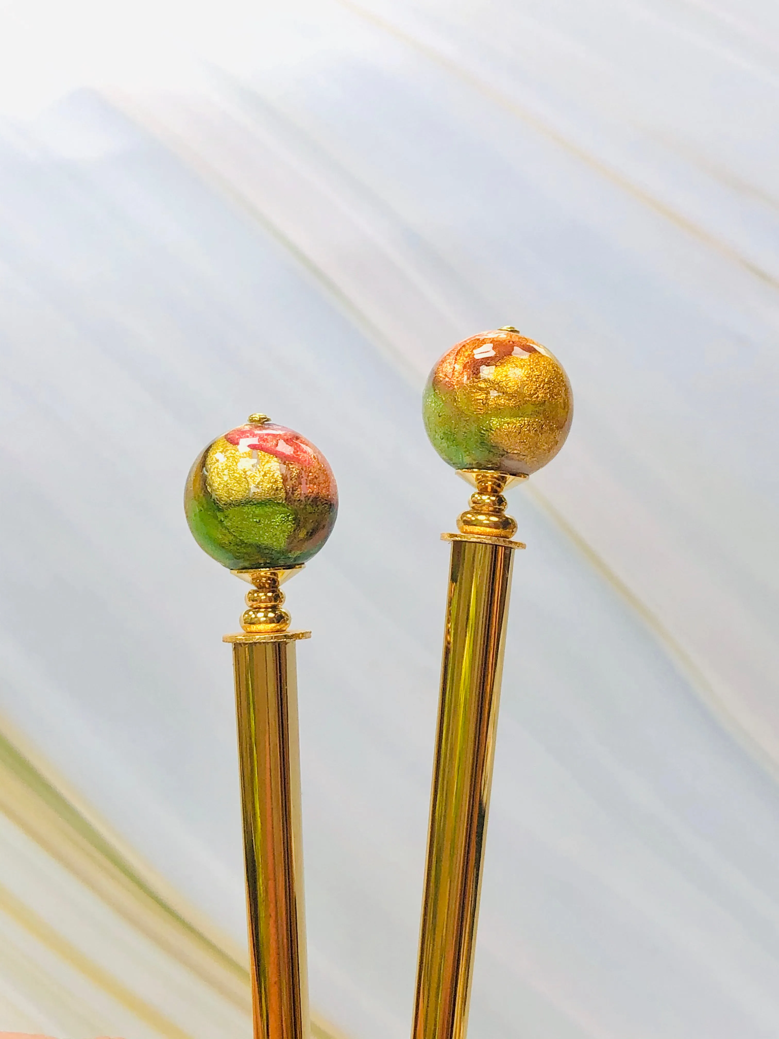 Peachy Keen 24k gold hair stick, Venetian Art Glass hair stick, shawl pin