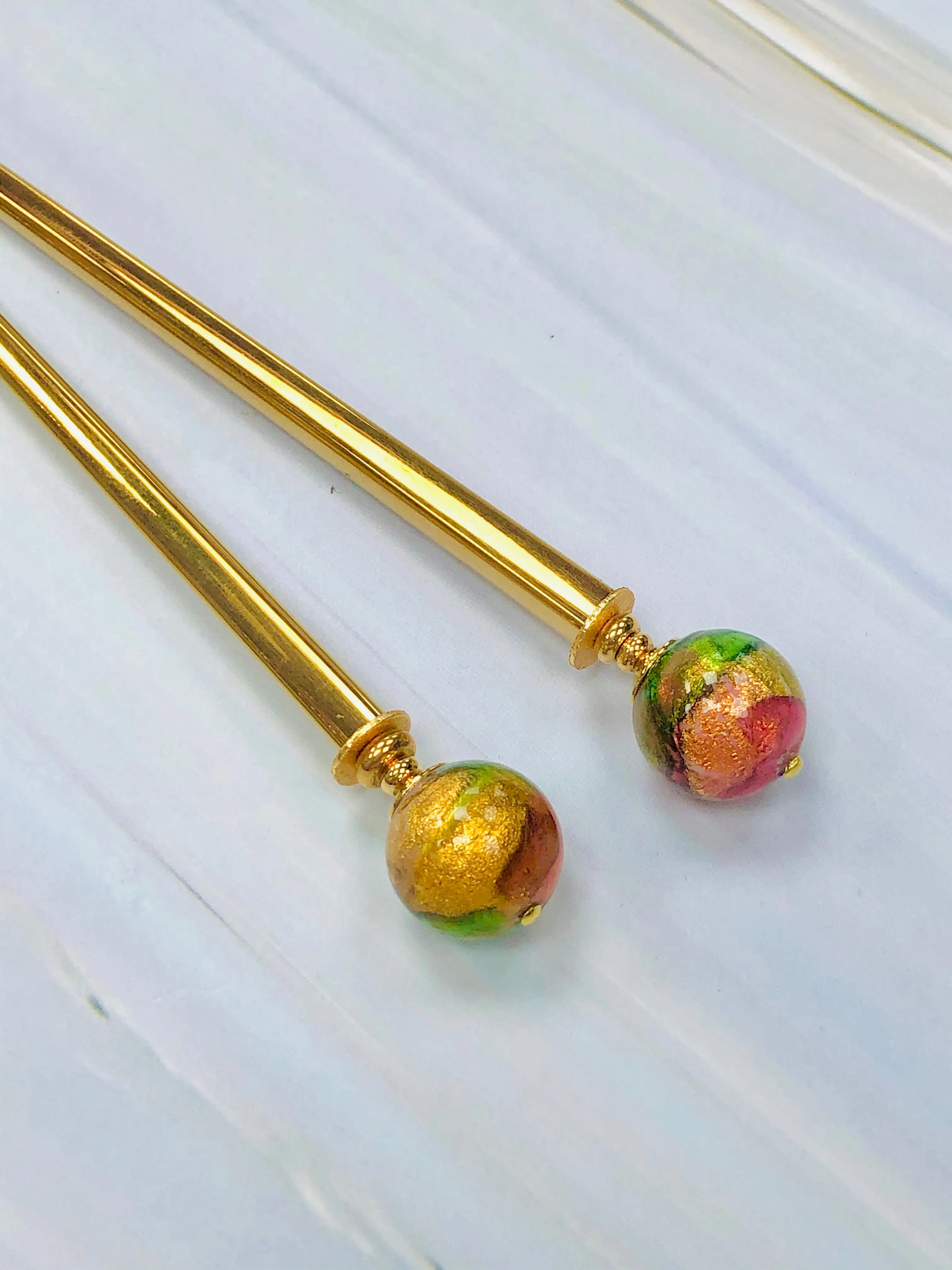 Peachy Keen 24k gold hair stick, Venetian Art Glass hair stick, shawl pin