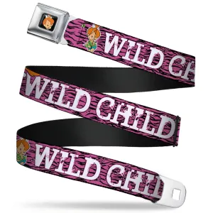 Pebbles Face1 Full Color Black Seatbelt Belt - Pebbles Face/Pose WILD CHILD Pink/Black/White Webbing