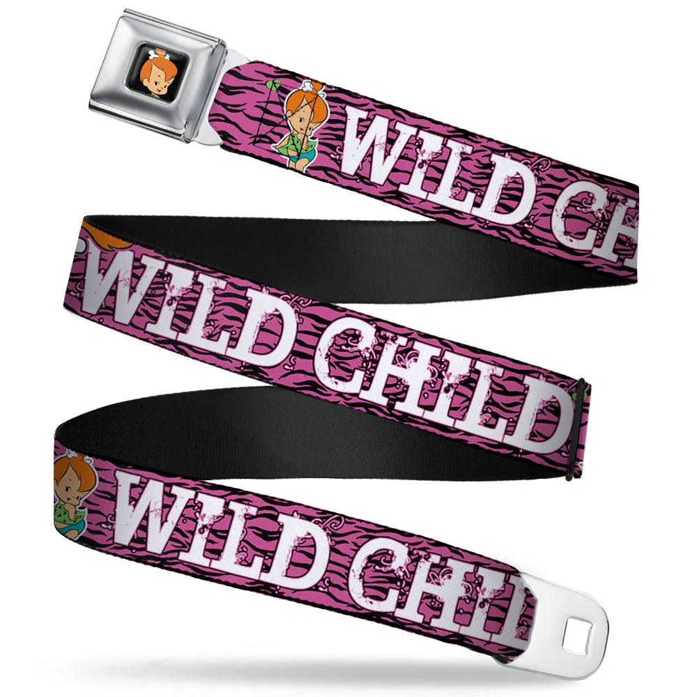 Pebbles Face1 Full Color Black Seatbelt Belt - Pebbles Face/Pose WILD CHILD Pink/Black/White Webbing