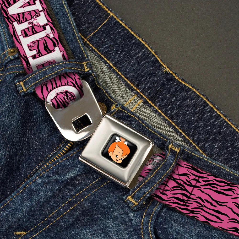 Pebbles Face1 Full Color Black Seatbelt Belt - Pebbles Face/Pose WILD CHILD Pink/Black/White Webbing
