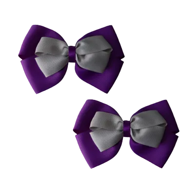 School Hair Accessories - Double Cherish Hair Bow 11cm - Purple Base & Centre Ribbon (24 colours top)