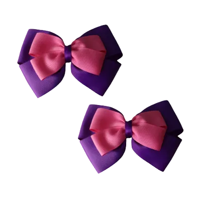 School Hair Accessories - Double Cherish Hair Bow 11cm - Purple Base & Centre Ribbon (24 colours top)