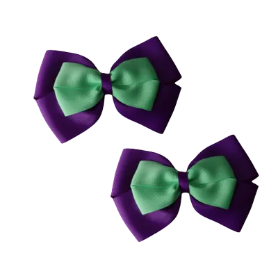 School Hair Accessories - Double Cherish Hair Bow 11cm - Purple Base & Centre Ribbon (24 colours top)