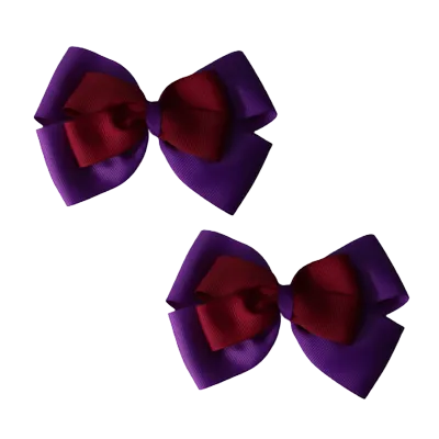 School Hair Accessories - Double Cherish Hair Bow 11cm - Purple Base & Centre Ribbon (24 colours top)