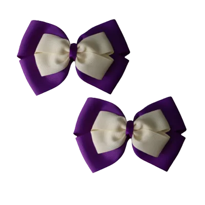 School Hair Accessories - Double Cherish Hair Bow 11cm - Purple Base & Centre Ribbon (24 colours top)