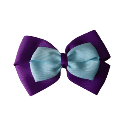 School Hair Accessories - Double Cherish Hair Bow 11cm - Purple Base & Centre Ribbon (24 colours top)