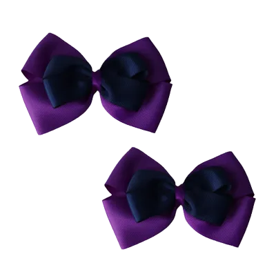 School Hair Accessories - Double Cherish Hair Bow 11cm - Purple Base & Centre Ribbon (24 colours top)