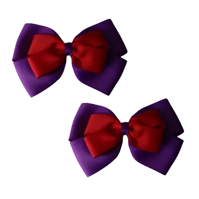 School Hair Accessories - Double Cherish Hair Bow 11cm - Purple Base & Centre Ribbon (24 colours top)