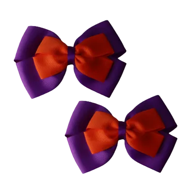 School Hair Accessories - Double Cherish Hair Bow 11cm - Purple Base & Centre Ribbon (24 colours top)